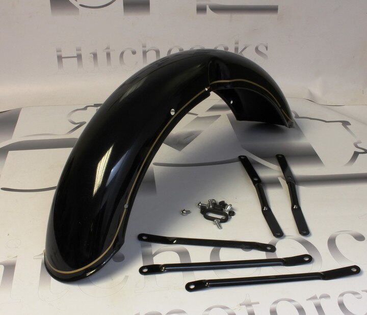 FRONT MUDGUARD WITH STAYS, BLACK (WITH GOLD LINES), DRUM BRAKES ONLY