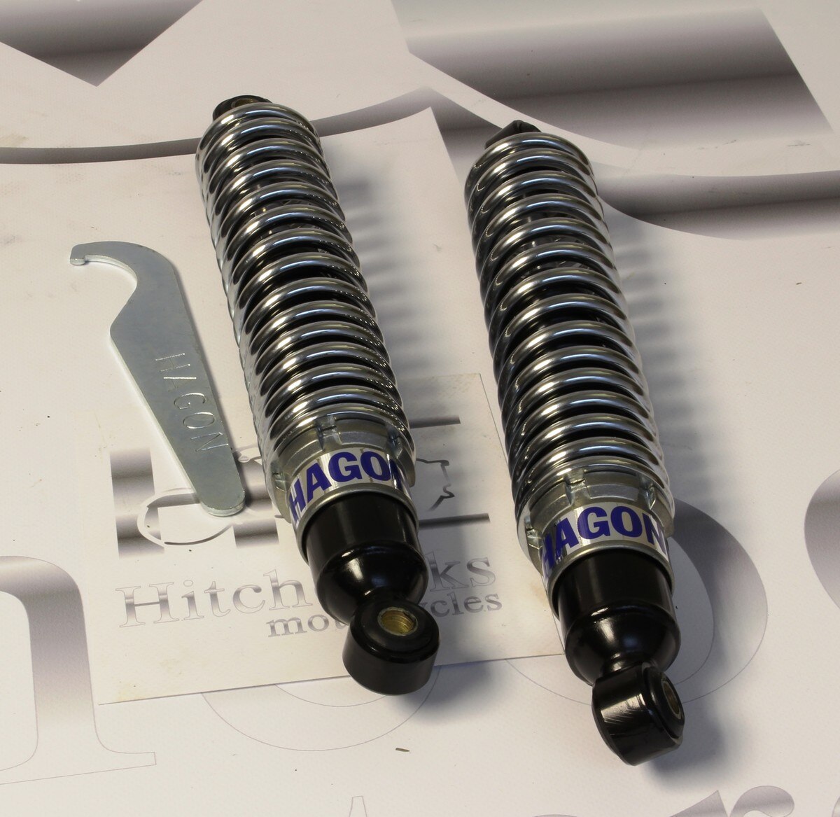 REAR SHOCK ABSORBERS (310mm), PAIR, OPEN CHROME SPRINGS, HAGON